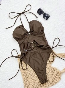 Swim Chiccia Costume da bagno intero sexy da donna con anello cavo annodato, spalline a cordoncino, dorso scoperto, in materiale marrone scuro lucido