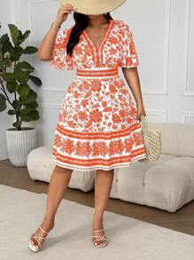 SHEIN Clasi Plus Size Women V-Neck Retro Print Casual Dress - Orange - View 3