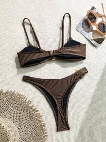 Swim Chiccia Bộ bikini 2 mảnh họa tiết hoa không gọng dây mảnh cho nữ đi biển mùa hè - Cà phê nâu - Xem 2