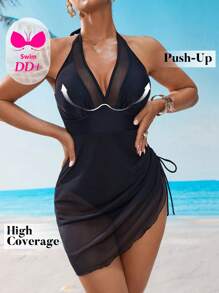 Swim DD+ Robe d'été pour femme à encolure ras-du-cou avec liens et panneau en maille, avec superposition en filet à décolleté en V profond. Combinaison de plage une pièce mode affinante le corps pour les stations balnéaires