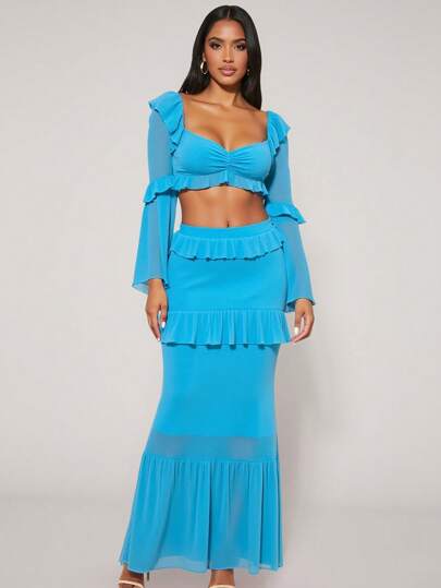 LUNA B Blusa corta de manga larga con volantes y pliegues, con destellos azules, para el verano de las mujeres