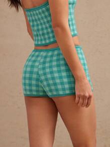 WESTFADE Gingham Check Button Front Sweater Knit Boho Preppy Micro Shorts Western Cowgirl Nashville Rodeo Beach Vacation - Teal Blue - View 2