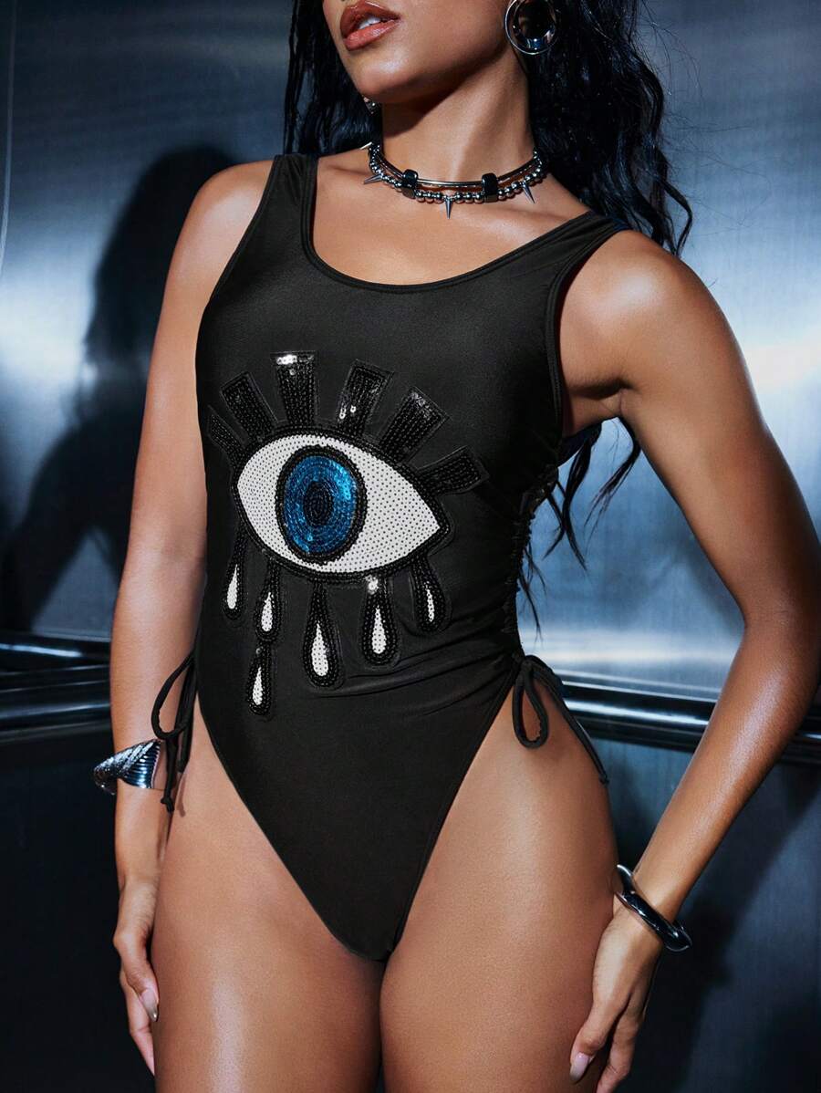 Swim EVENT Women's New Solid High Cut Strappy Backless Sexy Thong With Rhinestone Eye Embroidery, Personalized One-Piece Swimsuit For Summer - Black - View 1