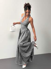 Siren Gaze Robe ras-du-cou évasée avec ceinture taille pour femmes, robe à carreaux, robe longue, vêtements d'été pour dames - Noir et Blanc - Voir 5