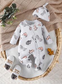 SHEIN 新生儿米色可爱恐龙全身印花长袖连脚睡衣套装（含帽子和手套） - 淺灰色 - 查看 6