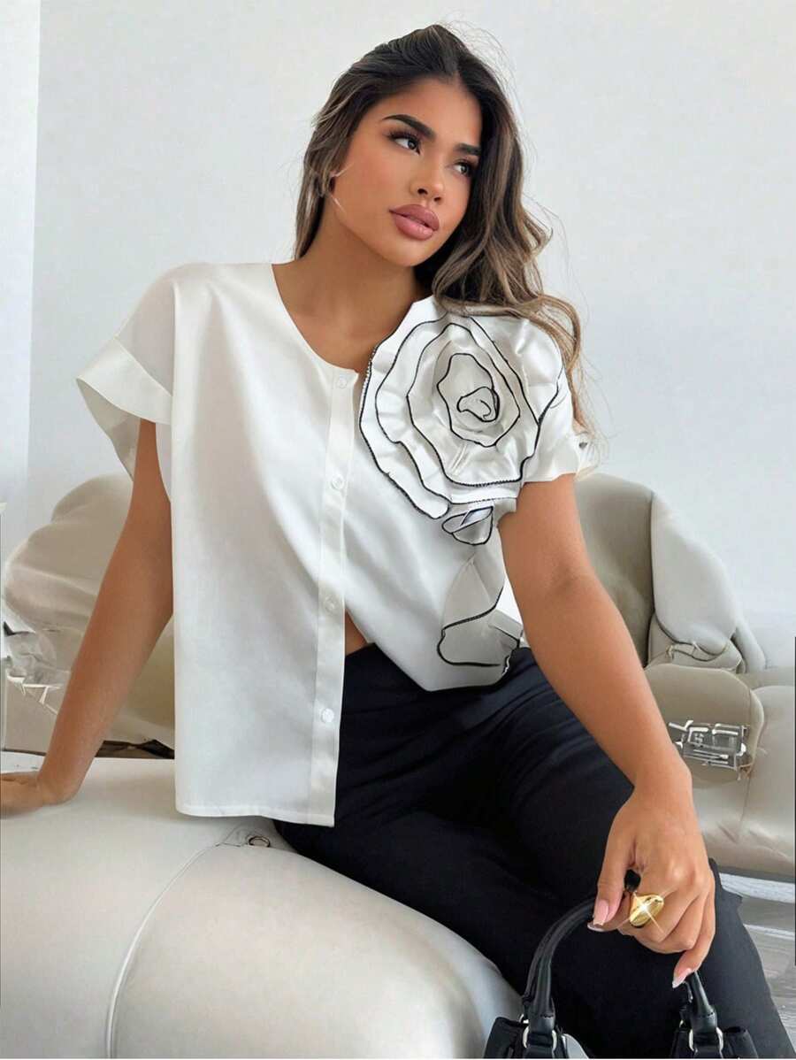 Xyvia 时尚休闲3D花卉图案女式衬衫 - 白色 - 查看 1