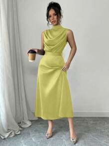 Elenzga Váy chữ A không tay xếp ly cổ đứng màu xanh lá cây thanh lịch dành cho nữ, Xuân/Hè - màu xanh lá - Xem 5