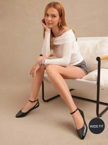 SHUZIA 宽版女式尖头平底鞋，优雅踝带平底鞋 - 黑色 - 查看 4