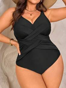 Swim Chiccia Traje de baño de una pieza para mujer talla grande, unicolor, con fruncido cruzado y ajustable en los tirantes, para playa - Negro - Ver 3