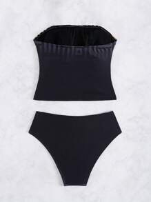 Swim Chiccia 2pcs/Set New Spring/Summer Detachable Strap Ruched Top & Black Triangle Bottoms Casual Holiday Party Women Vest Strap Bikini Swimsuit Beach Wear Set - Multicolor - View 9