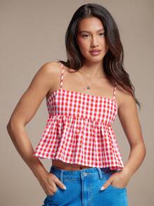 WESTFADE Spring Western Gingham Check Ruffle Peplum Babydoll Cami Top - Red - View 3