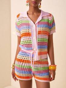 Zivah Conjunto de 2 piezas de mujer para el verano 2025 compuesto por un cárdigan de manga corta tipo camisa informal de cuello vuelto y shorts slim con rayas en colores arcoíris rosa, naranja, morado y verde de punto de ganchillo - Multicolor - Ver 4