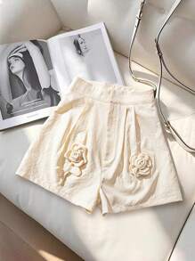 SHEIN Clasi Women Summer Solid Color 3D Floral Decor Elegant Shorts