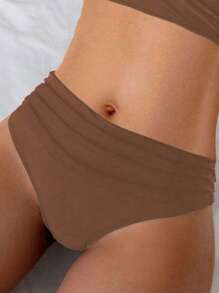 SHEIN New V-Neck Solid Color High Waist Bikini 2 Pieces Sets, Beach Summer Outfits For Women Beige Brown Low Rise - Brown - View 4
