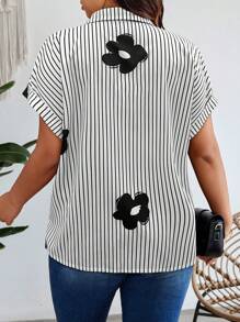 Weeklong Áo thun tay cánh dơi in họa tiết sọc hoa mùa hè cỡ lớn cho kỳ nghỉ thường ngày - Đen và trắng - Xem 2