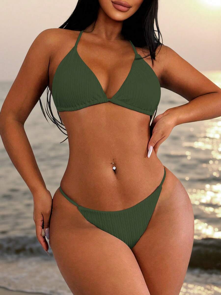 SHEIN Swim Women's Solid Color Halter Tie Sexy Bikini Swimsuit Set For Summer Beach Vacation - Green - View 1