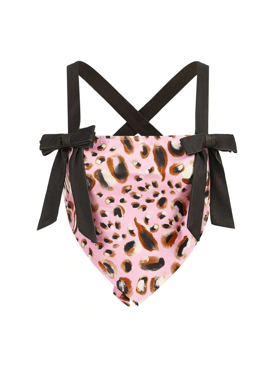 LUNA B 豹纹吊带交叉绑带 V 形下摆蝴蝶结短款性感上衣 女士夏季海滩度假 - 彩色 - 查看 1