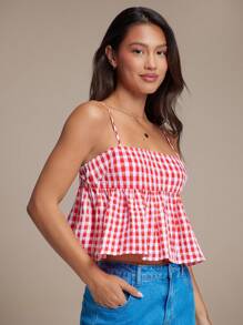 WESTFADE Spring Western Gingham Check Ruffle Peplum Babydoll Cami Top - Red - View 4
