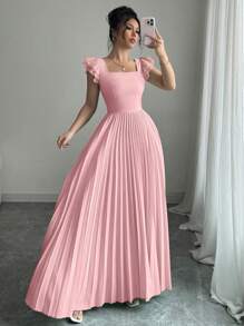 Elenzga Vestido elegante de mujer de cuello cuadrado drapeado de unicolor - Rosa - Ver 6