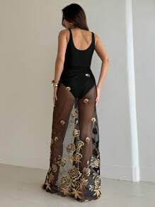 Elaire Women's Summer Deep V-Neck Sleeveless One-Piece Swimsuit - Black - View 2