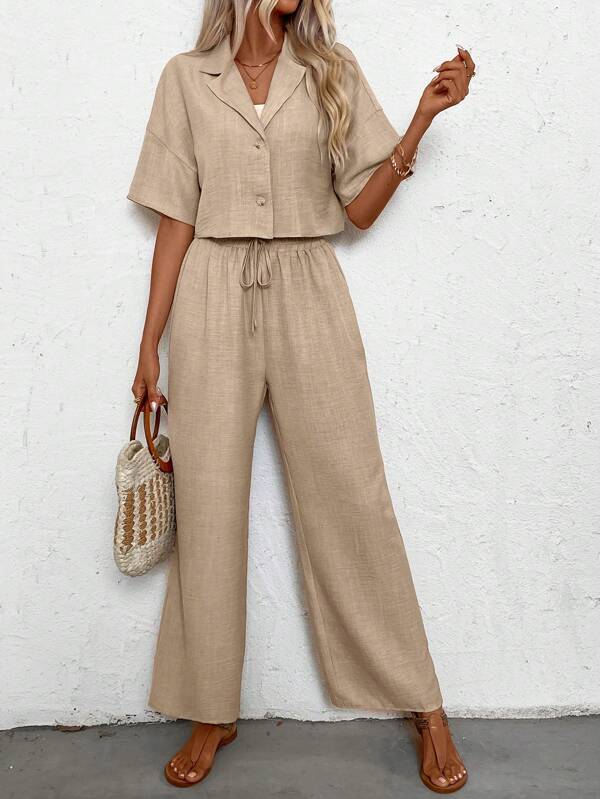 SHEIN PETITE 2 pièces Set Femme Chemise et Pantalon de Couleur Unie à Manches Courtes, pour l'Été