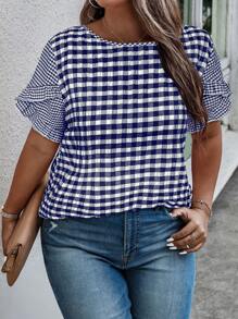 Weeklong 女士大码休闲编织格子荷叶边衬衫