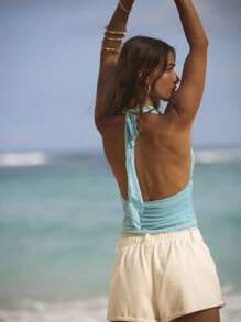 Aralina Ruched Halter Neck Lace Trim Fitted Cute Summer Outfits Women Stretch Top - Blue - View 5