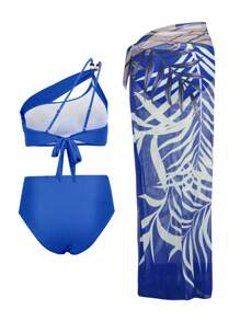 SHEIN Swim 3pcs Women Summer Beach Plain Color Sexy One Shoulder Bikini Swimsuit Set With Tropical Plant Print Coverup And Skirt - Multicolor - View 5