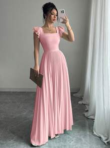 Elenzga Vestido elegante de mujer de cuello cuadrado drapeado de unicolor - Rosa - Ver 5