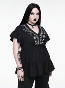 ROMWE Goth Summer Boho Style Floral Embroidery Ruffle Hem Black Blouse, Plus Size - Black - View 5