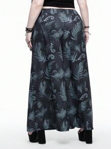 ROMWE Goth Plus Size Women Gothic Leaf Allover Print Elastic Waist Long Split Hem Beach Pants, Vacation
