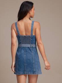 WESTFADE 甜心领口水钻装饰西部牛仔女郎纳什维尔牛仔竞技扣合身牛仔迷你连衣裙 - 淺色水洗藍 - 查看 5
