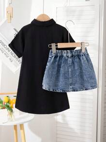 SHEIN 女孩夏季新款简约领衬衫、宽松短袖连衣裙和高腰牛仔裙 2 件套、时尚度假服装