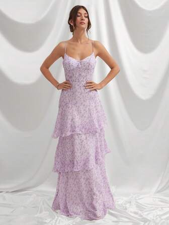 L'Amorae 女士花卉碎花印花梭织三层长裙