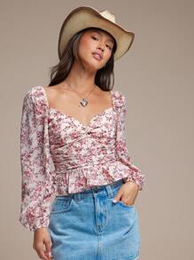 WESTFADE 春季花卉印花编织甜心领灯笼袖长袖荷叶边上衣 女式西部风 - 彩色 - 查看 4