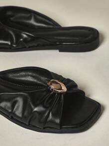 SHUZIA 女士舒适平底日常休闲基本款一脚蹬PU黑色拖鞋 - 黑色 - 查看 4