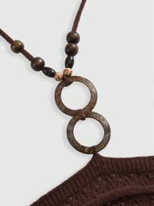 ROMWE Hippie Y2K Floral Wood Beads Decor Halter Crop Top - Brown - View 3