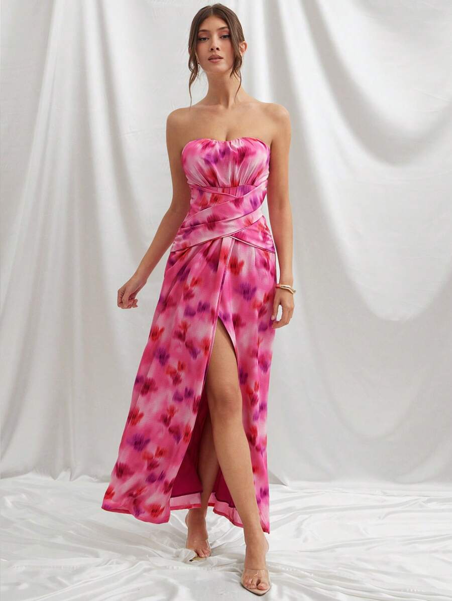 L'Amorae Elegant Strapless Ruched Wrap Detail Flowy Formal Maxi Dress, Summer Outfits For Women, Wedding Guest Dress For Women - Red - View 1