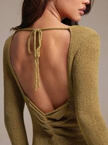WESTFADE Summer Boat Neck Relaxed Fit Lettuce Edge Cute Bow Tie Backless Long Sleeve Western Cowgirl Open Knit Sweater Mini Dress Boho Festival Nashville Rodeo Outfit - Brown - View 5
