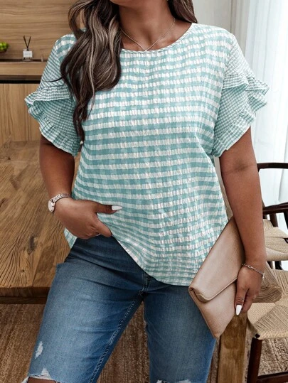 Weeklong Camisa de mujer talla grande con botones, volantes y estampado de cuadros de gasa