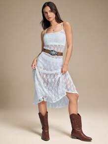 WESTFADE Vestido Slip Transparente com Alças de Espaguete, Decote Aberto nas Costas, Rendado Floral Ocidental de Verão, Traje Cowgirl de Festival em Nashville - Branco - Visão 3