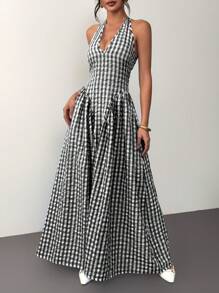 Siren Gaze Robe ras-du-cou évasée avec ceinture taille pour femmes, robe à carreaux, robe longue, vêtements d'été pour dames - Noir et Blanc - Voir 6