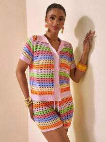 Zivah Conjunto de 2 piezas de mujer para el verano 2025 compuesto por un cárdigan de manga corta tipo camisa informal de cuello vuelto y shorts slim con rayas en colores arcoíris rosa, naranja, morado y verde de punto de ganchillo - Multicolor - Ver 3