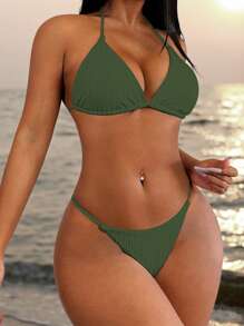 SHEIN Swim Women's Solid Color Halter Tie Sexy Bikini Swimsuit Set For Summer Beach Vacation - Green - View 4