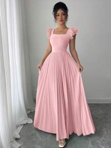 Elenzga Vestido elegante de mujer de cuello cuadrado drapeado de unicolor - Rosa - Ver 4