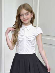 SHEIN Chaqueta corta ajustada con manga corta, cuello y botones para niña preadolescente, estilo universitario, color blanco