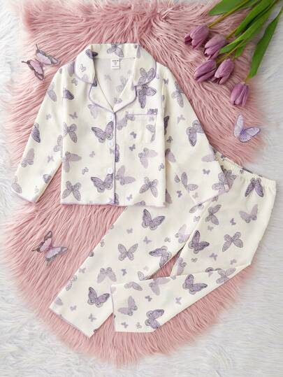 2 件套可爱紫色蝴蝶印花小女孩长袖开衫和裤子套装，休闲舒适的家居服蝴蝶睡衣儿童返校时尚