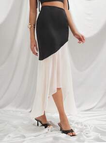 L'Amorae Elegant Colorblock White/Black Satin Chiffon Asymmetric Flowy Formal Skirt, Brunch, Summer, Wedding Guest Skirt - Black and White - View 1