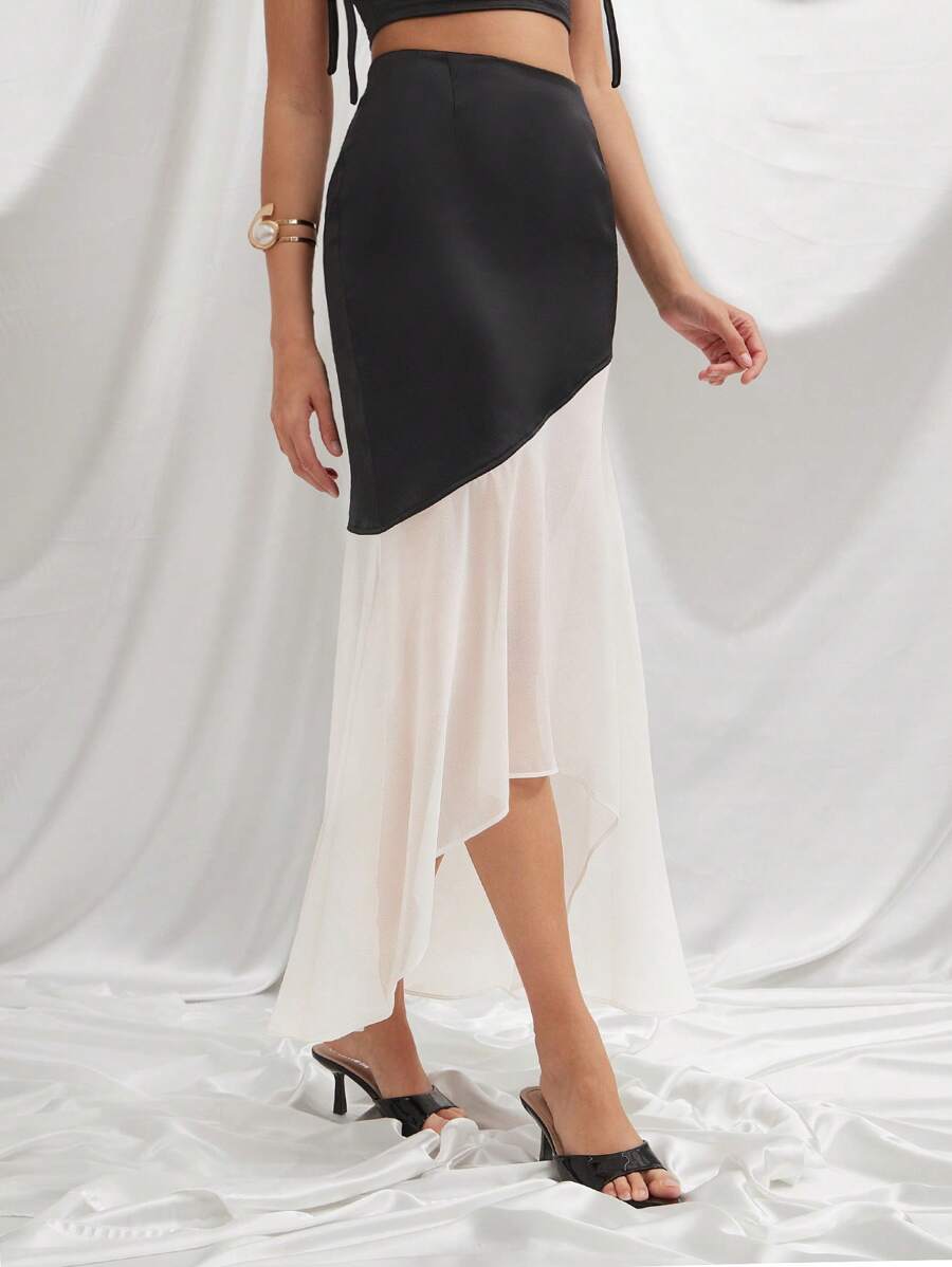 L'Amorae Elegant Colorblock White/Black Satin Chiffon Asymmetric Flowy Formal Skirt, Brunch, Summer, Wedding Guest Skirt - Black and White - View 1