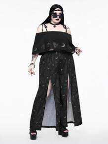 ROMWE Urlaubs Gothic Blume Muster Kurz Top mit Schulterausschnitt und Bindeträgern in Große Größen + Culotte-Hose Set - Schwarz - Übersicht 6